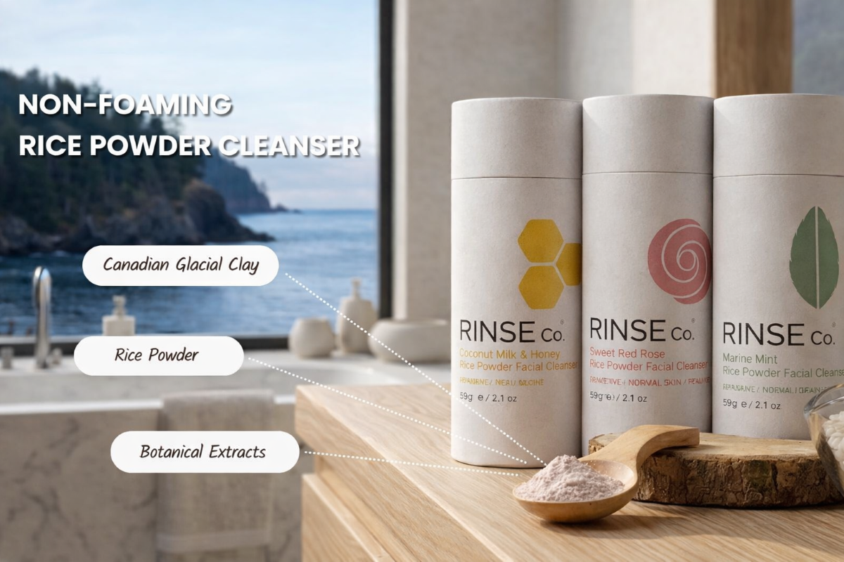 Three bottles of RINSE co. non-foaming rice powder cleanser on a wooden surface with scenic background.